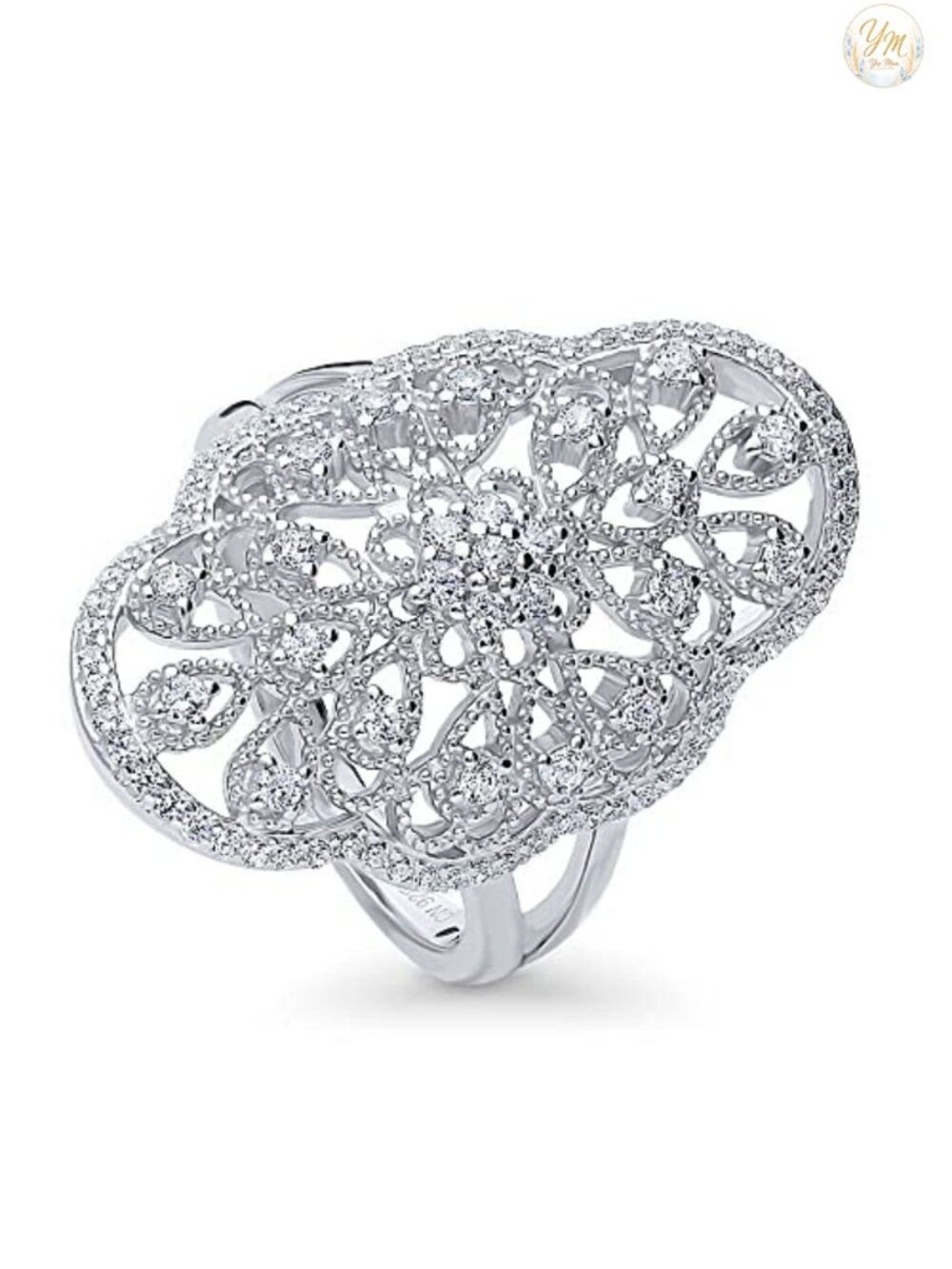 Sterling Silver Flower CZ Cocktail Chunky Ring Statement Jewelry